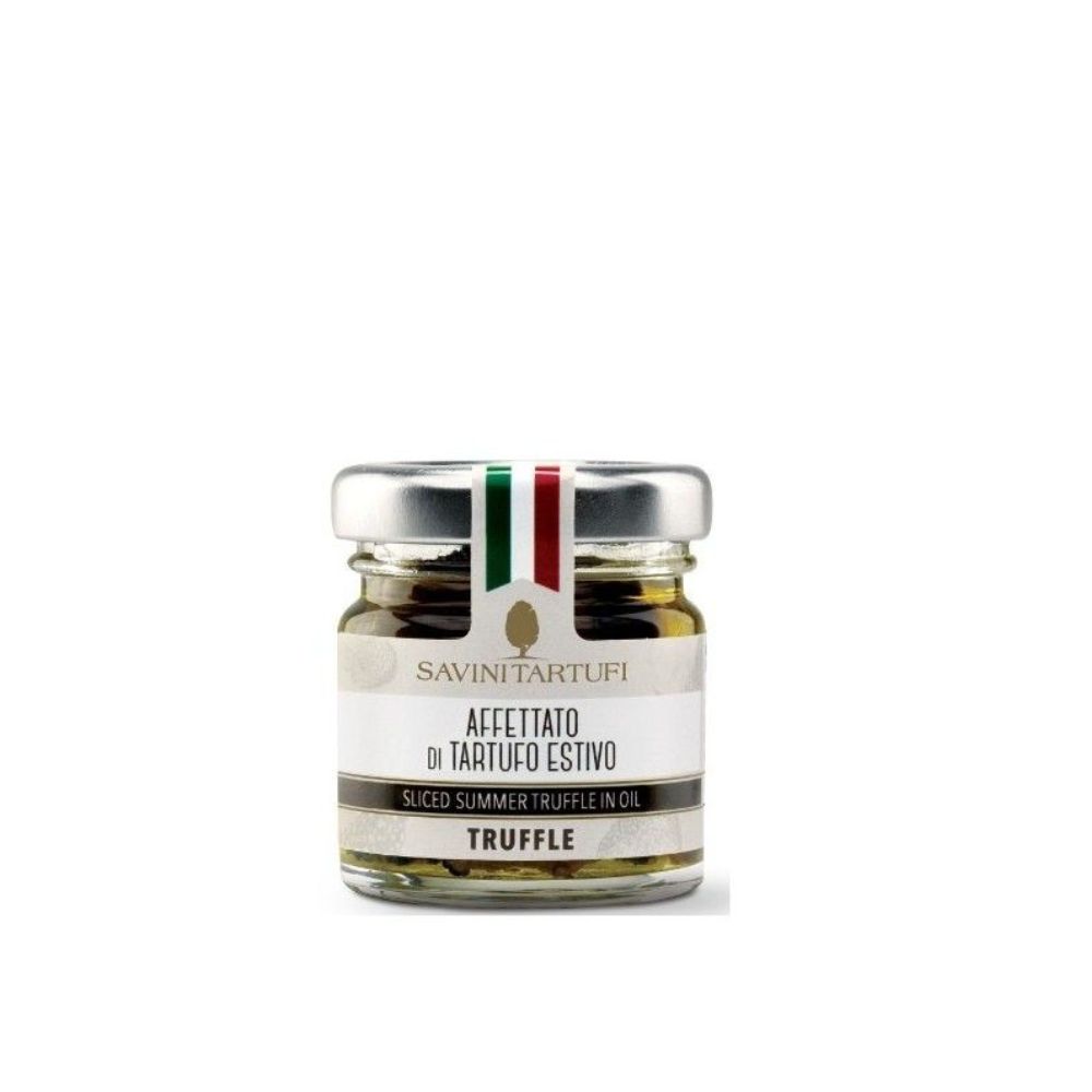Lamelles de truffe d'été italienne dans l'huile d'olive du producteur Savini Tartufi.