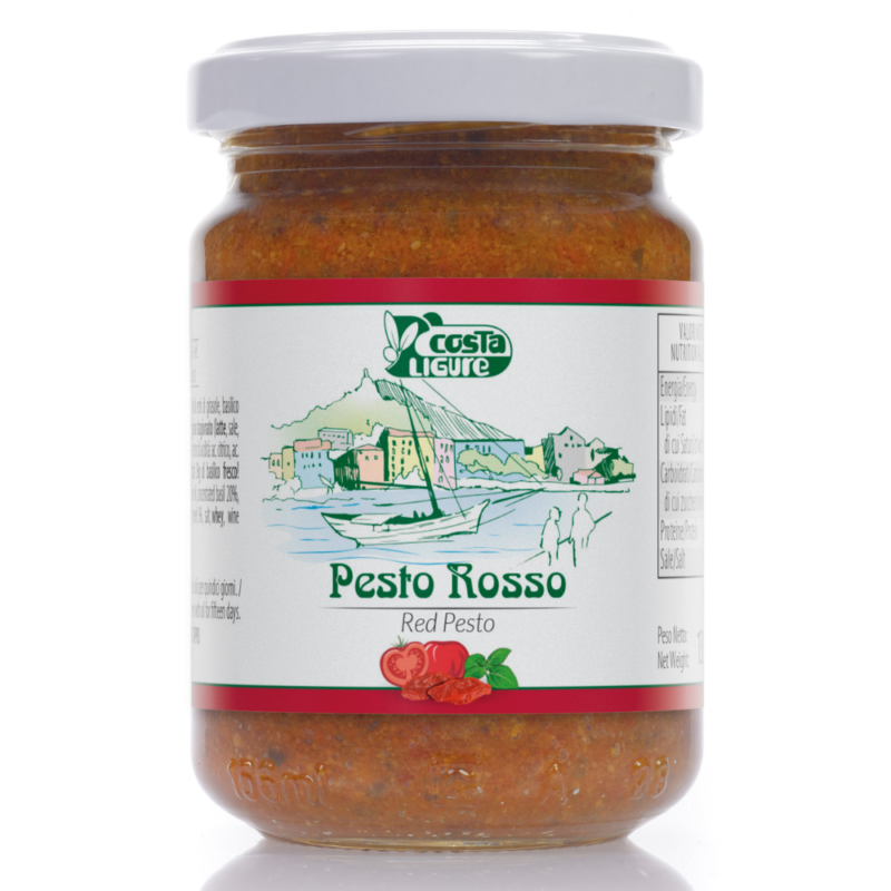 L'autre pesto connu en Italie c'est le pesto rosso fait avec de la tomate comme celui-ci extra de Costa Ligure.