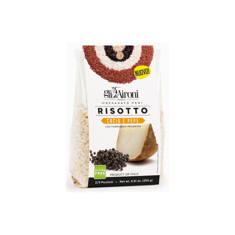 Une nouvelle recette de risotto italien avec le poivre et du fromage pecorino. Le bouillon est déjà intégré dans la préparation, il suffit d’y ajouter de l’eau et cuire 15 minutes.